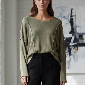 altar’d state Women’s Distressed Waffle Knit Top, Large, Tan/Olive